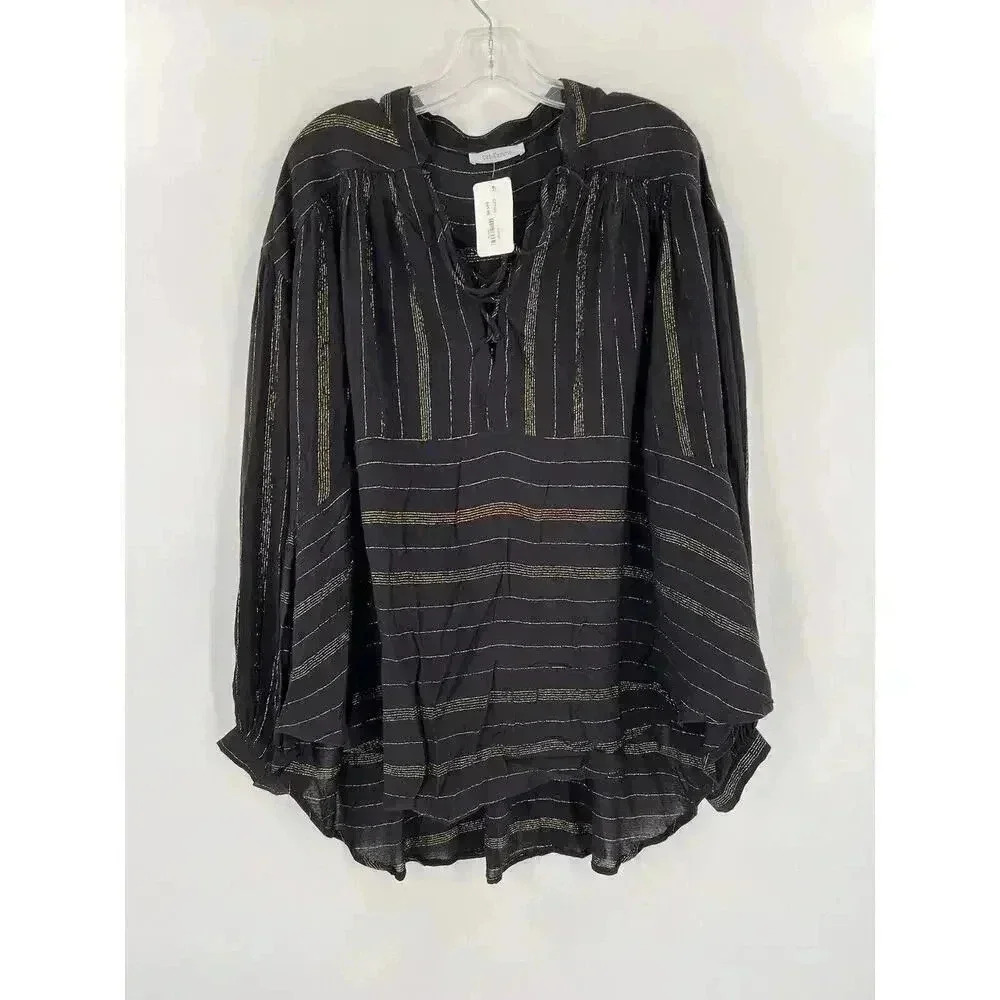 NEW TAGS Ces Femme Blouse Womens Black Gold Stripe Flowy Swimsuit Coverup LARGE